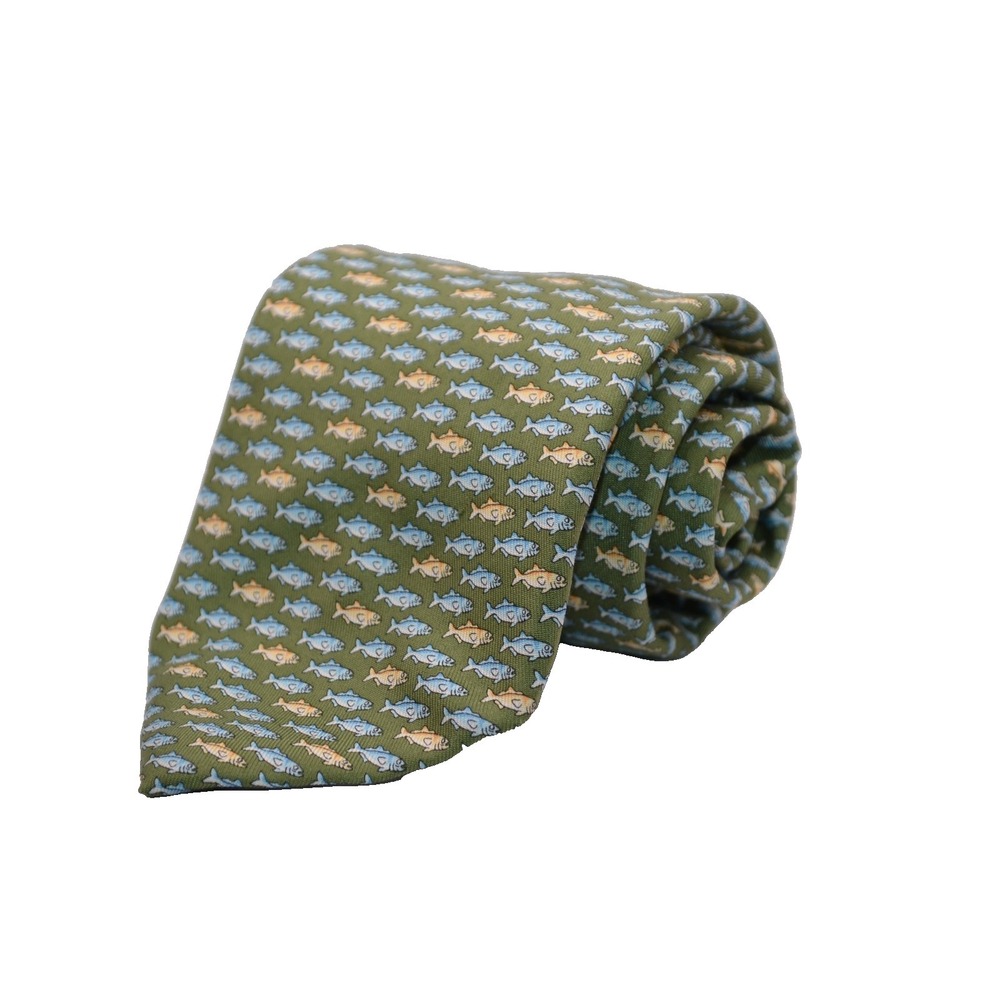 Vineyard Vines Tie Green Fish Print Silk USA Preppy Martha's Vineyard AOP